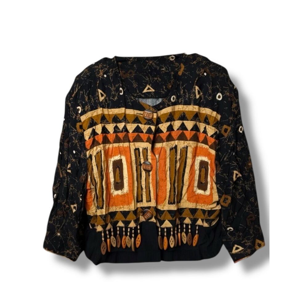 Vintage Melrose Boho Batik Geometric Button Down Blouse USA Size 16